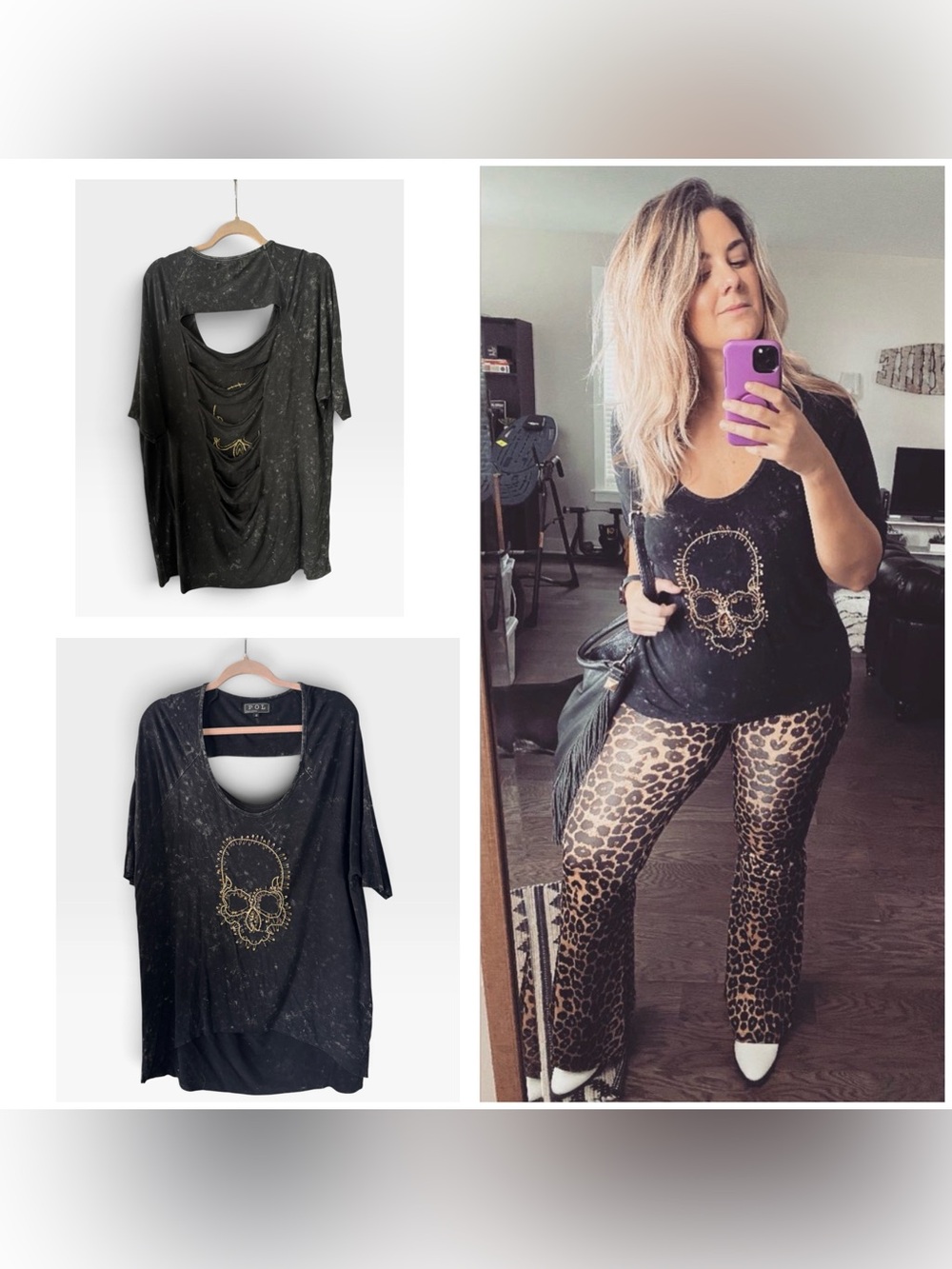 POL Black Acid Wash Top with Skull Safety Pin Graphic and Cutout Back, Medium